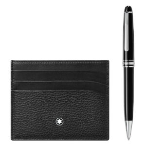 Set comes with Meisterstück Platinum-Coated Classique Ballpoint Pen and Meisterstück Soft Grain Pocket 6cc. The writing instrument features cap and barrel in black precious resin with the white Montblanc emblem inlaid in the cap top. Pocket made from a soft grainy leather.
