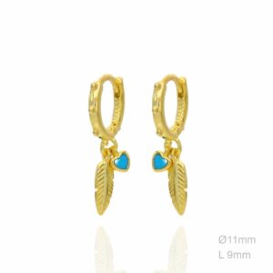 pendientes-aro11mm-bolitas-dorado-pluma-corazon-turquesa-JOYERIA-ACEBO