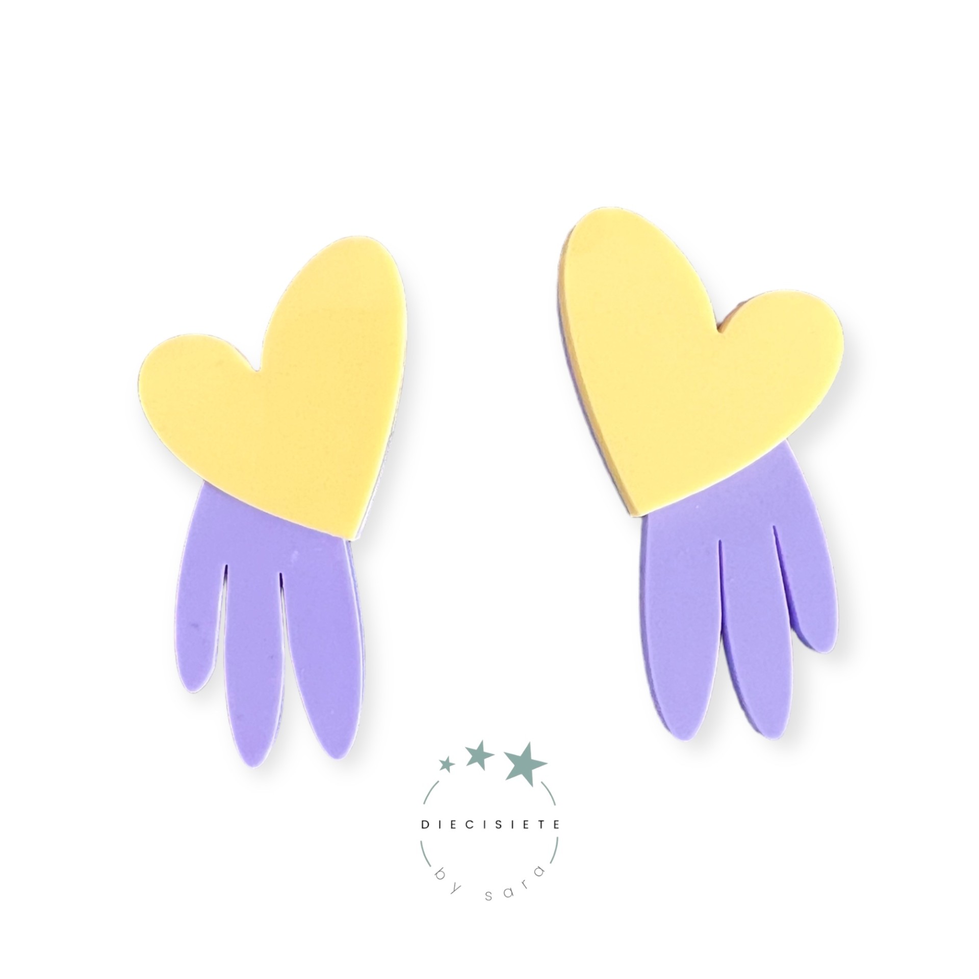 pendientes-corazón-alado-amarillo-morado-diecisiete-by-sara-joyeria-acebo
